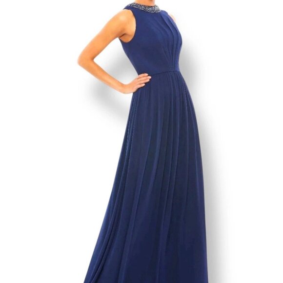 Mac Duggal Dresses & Skirts - Mac Duggal Navy Blue Women Size 8 Beaded Neckline Pleated Chiffon  Evening Gown